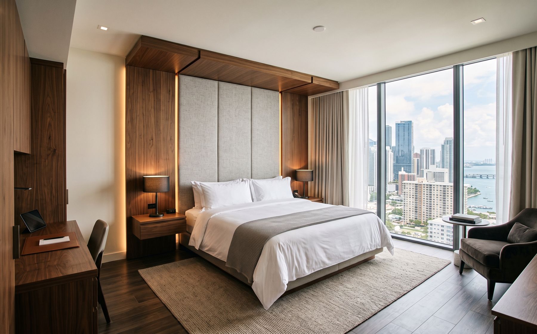 Illustrative render of a luxury hotel guestroom with an upholstered headboard wall and walnut millwork