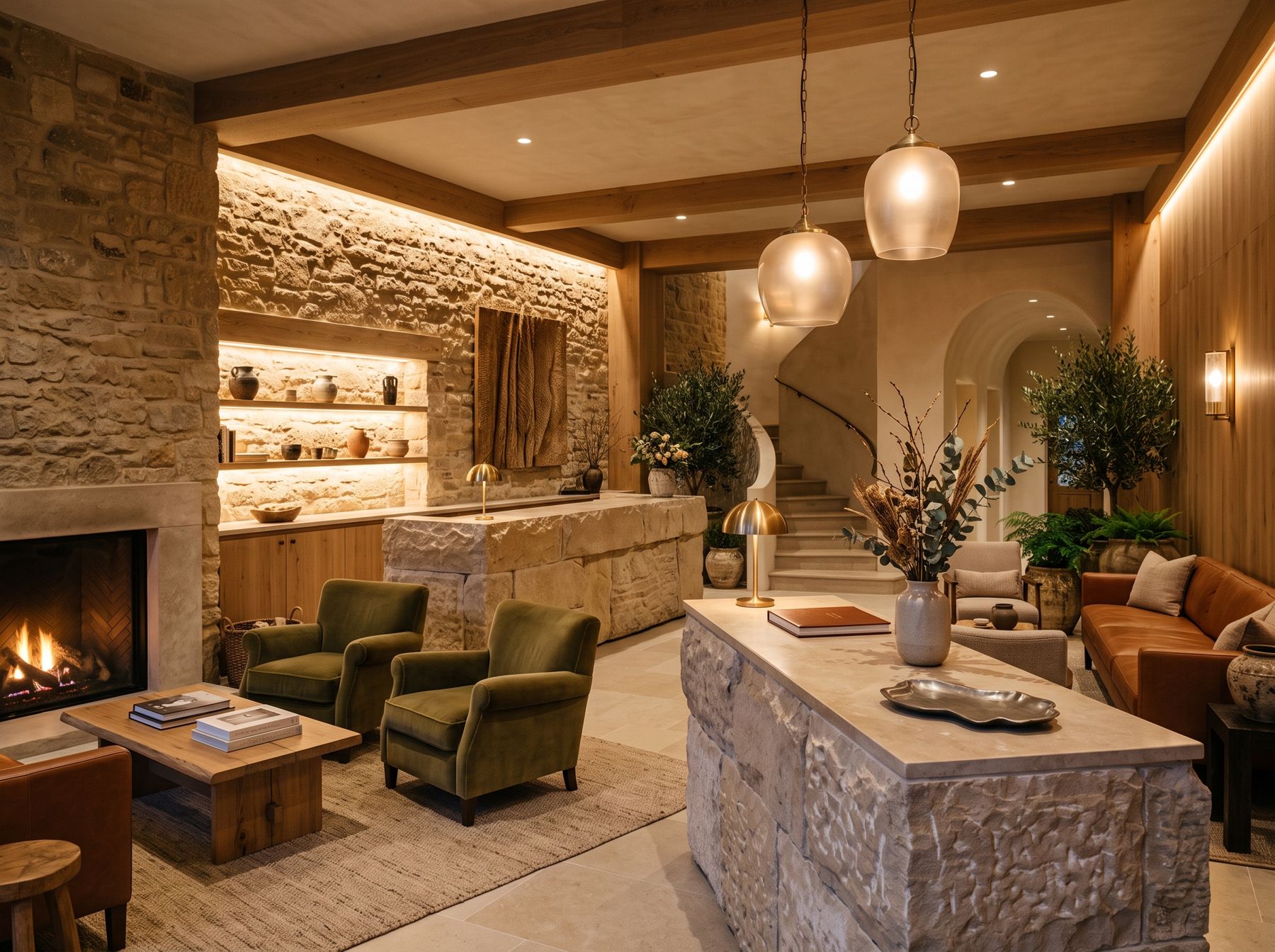 Illustrative render of a hotel lobby with stone walls, fireplace and reception desk