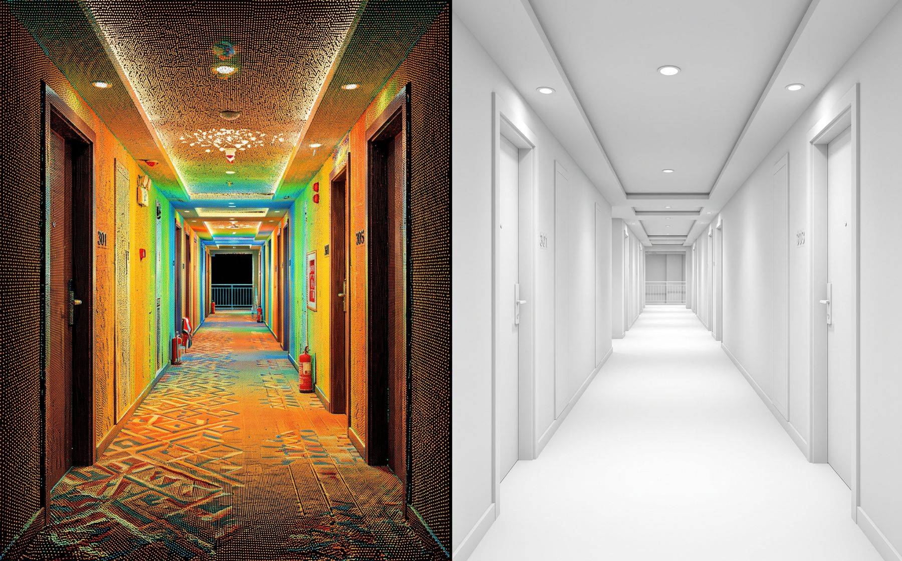 Hotel corridor shown as a colored point cloud on the left and as a clean white model on the right