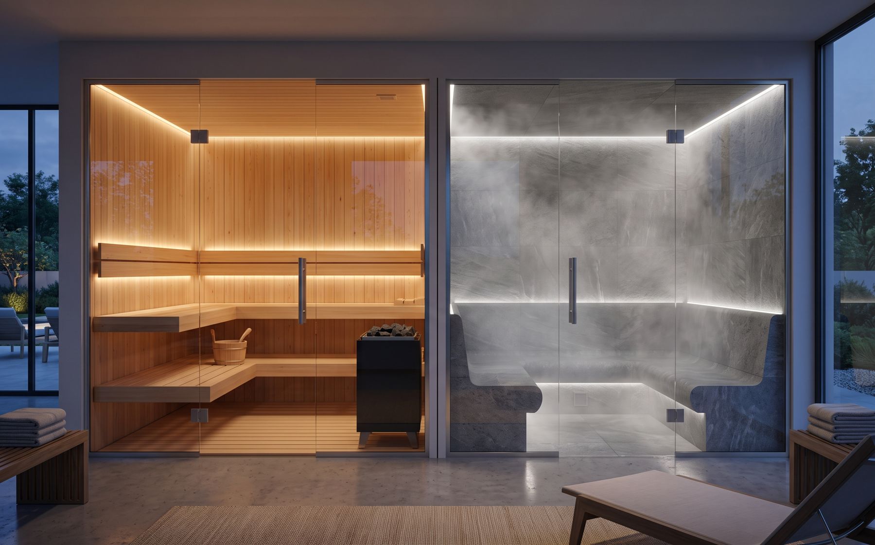 Illustrative render of a residential sauna and steam room side by side behind frameless glass