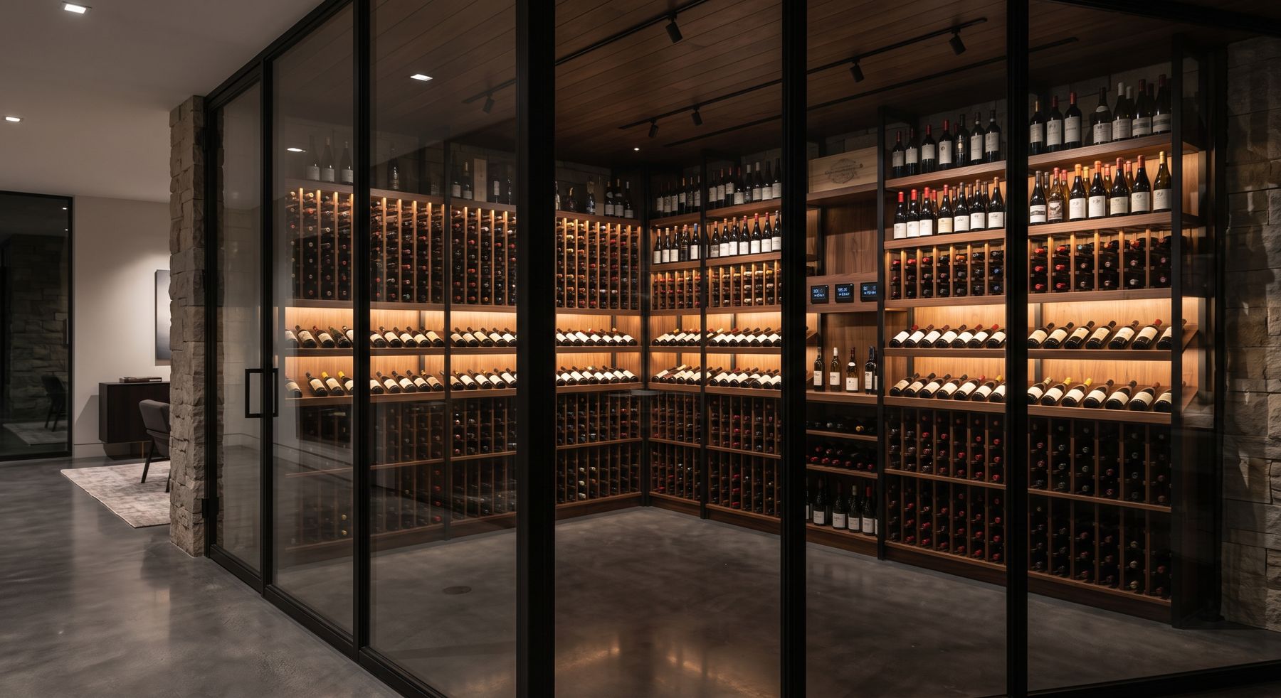 Illustrative render of a glass-enclosed custom wine cellar with backlit walnut and steel racking
